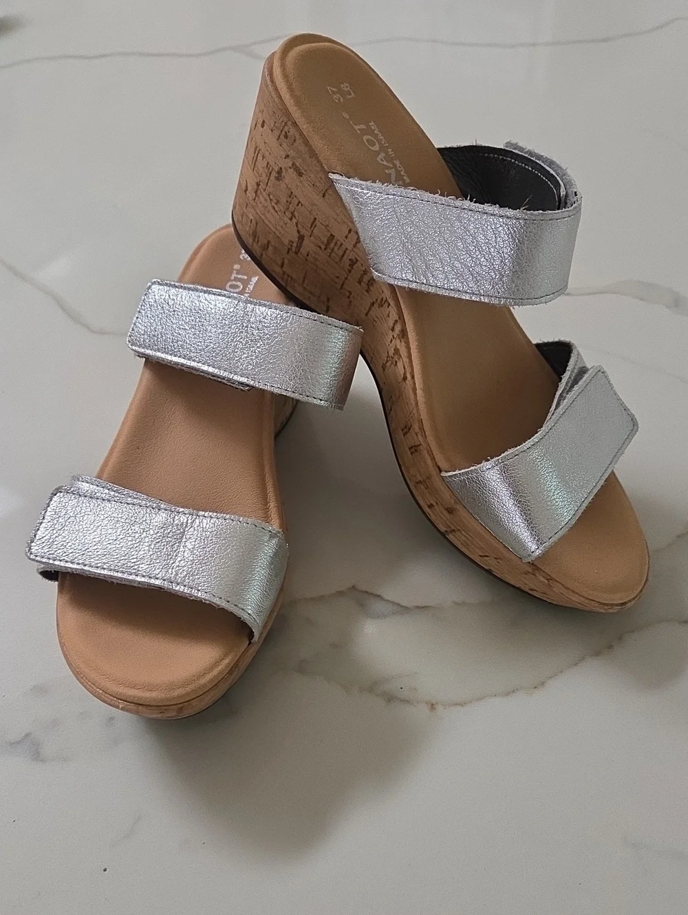 NAOT Leather Silver Cork Wedge Sandals with Double Straps, Size 6 Worn Once!